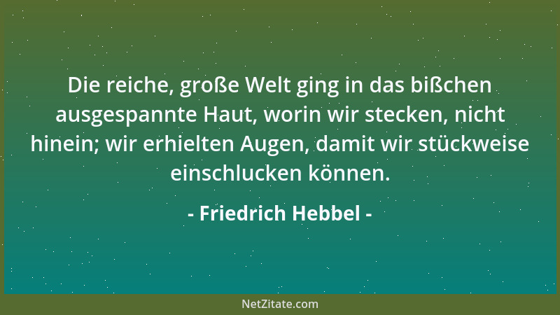 Friedrich Hebbel - Die reiche, große Welt ging in das bißchen ausgespannte Haut, worin wir stecken, nicht hinein; wir erhie...
