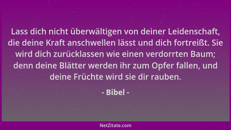 Bibel - Lass dich nicht überwältigen von deiner Leidenschaft, die deine Kraft anschwellen lässt und dich fortreißt. Sie wir...