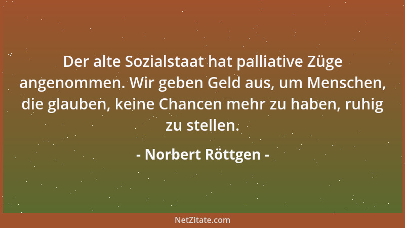 Norbert Röttgen - Der alte Sozialstaat hat palliative Züge angenommen. Wir geben Geld aus, um Menschen, die glauben, keine...