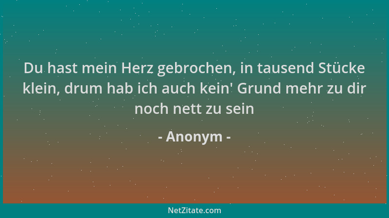 Anonym - Du hast mein Herz gebrochen, in tausend Stücke klein, drum hab ich auch kein ' Grund mehr zu dir noch nett zu sein...