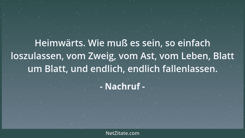 Nachruf - Heimwärts. Wie muß es sein, so einfach loszulassen, vom Zweig, vom Ast, vom Leben, Blatt um Blatt, und endlich, e...