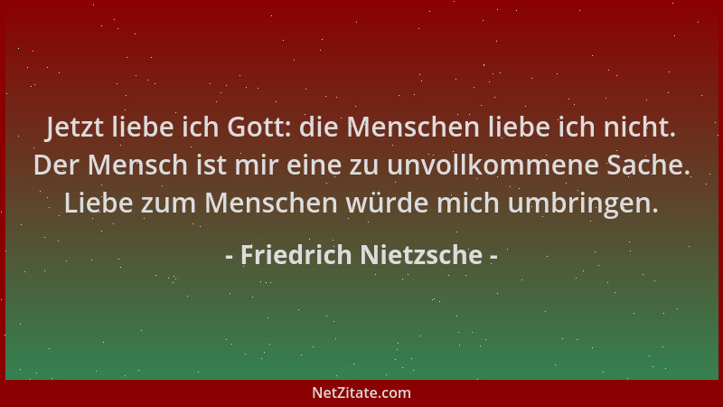 Friedrich Nietzsche - Jetzt liebe ich Gott: die Menschen liebe ich nicht. Der Mensch ist mir eine zu unvollkommene Sache. L...