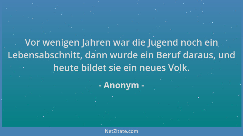 Anonym - Vor wenigen Jahren war die Jugend noch ein Lebensabschnitt, dann wurde ein Beruf daraus, und heute bildet sie ein...