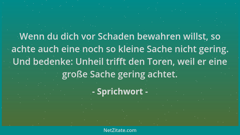Sprichwort - Wenn du dich vor Schaden bewahren willst, so achte auch eine noch so kleine Sache nicht gering. Und bedenke: U...