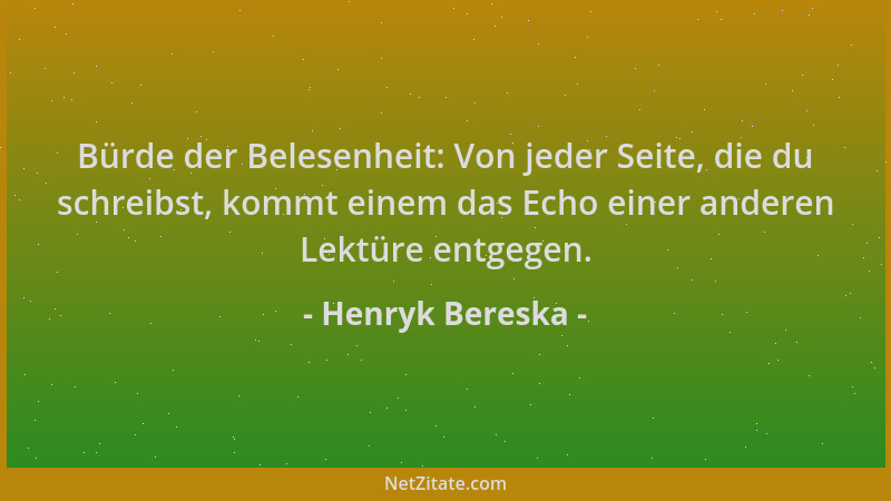 Henryk Bereska - Bürde der Belesenheit: Von jeder Seite, die du schreibst, kommt einem das Echo einer anderen Lektüre entge...