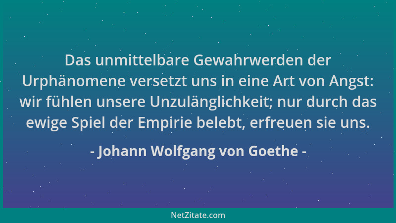 Johann Wolfgang von Goethe - Das unmittelbare Gewahrwerden der Urphänomene versetzt uns in eine Art von Angst: wir fühlen u...