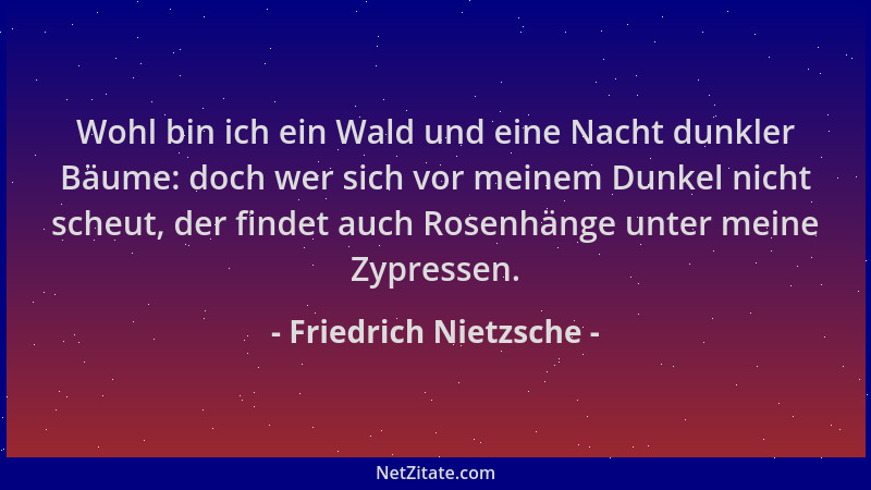 Friedrich Nietzsche - Wohl bin ich ein Wald und eine Nacht dunkler Bäume: doch wer sich vor meinem Dunkel nicht scheut, der...