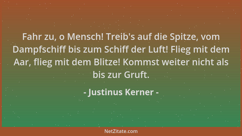 Justinus Kerner - Fahr zu, o Mensch! Treib 's auf die Spitze, vom Dampfschiff bis zum Schiff der Luft! Flieg mit dem Aar, fl...