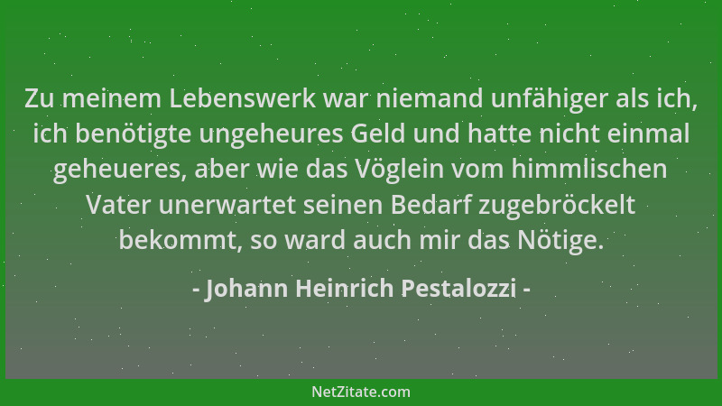 Johann Heinrich Pestalozzi - Zu meinem Lebenswerk war niemand unfähiger als ich, ich benötigte ungeheures Geld und hatte ni...