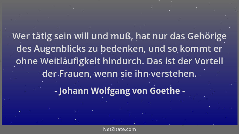 Johann Wolfgang von Goethe - Wer tätig sein will und muß, hat nur das Gehörige des Augenblicks zu bedenken, und so kommt er...