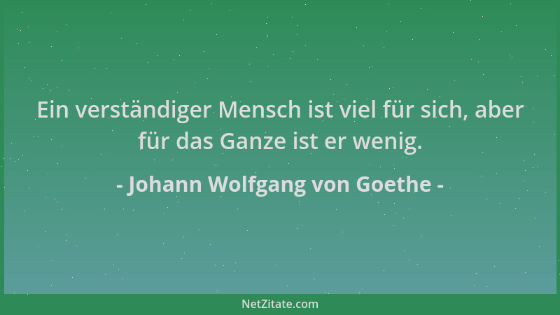 Johann Wolfgang von Goethe - Ein verständiger Mensch ist viel für sich, aber für das Ganze ist er wenig....
