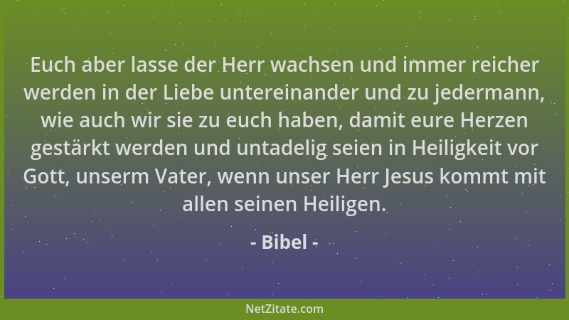 Bibel - Euch aber lasse der Herr wachsen und immer reicher werden in der Liebe untereinander und zu jedermann, wie auch wir...