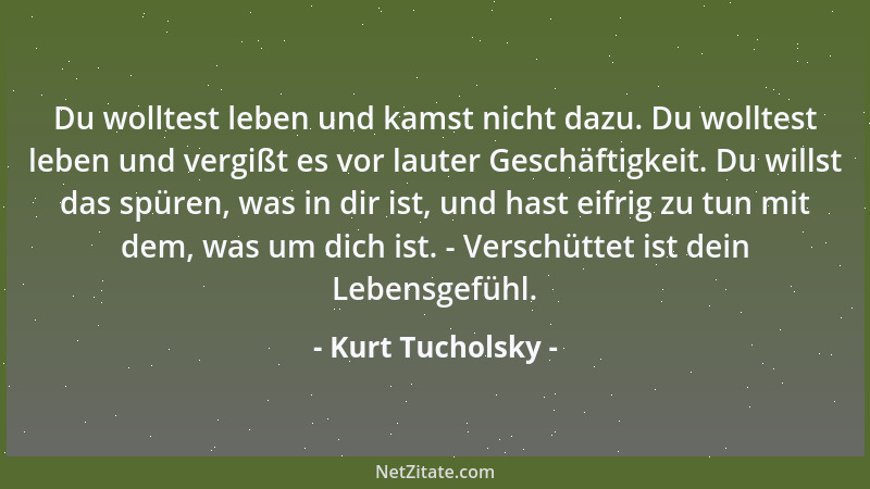 Kurt Tucholsky - Du wolltest leben und kamst nicht dazu. Du wolltest leben und vergißt es vor lauter Geschäftigkeit. Du wil...