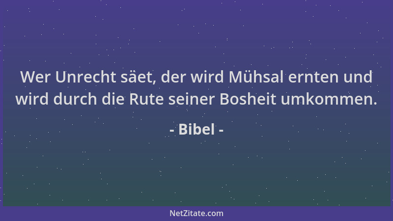 Bibel - Wer Unrecht säet, der wird Mühsal ernten und wird durch die Rute seiner Bosheit umkommen....