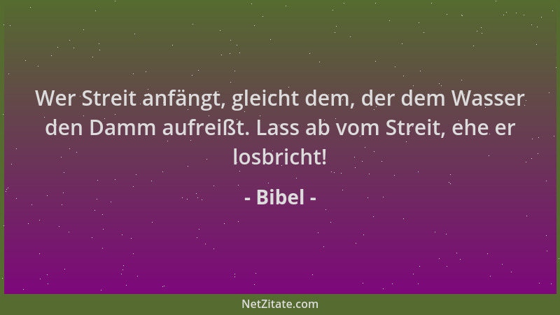 Bibel - Wer Streit anfängt, gleicht dem, der dem Wasser den Damm aufreißt. Lass ab vom Streit, ehe er losbricht!...