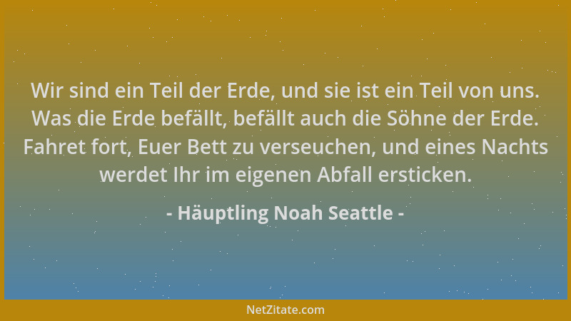 Häuptling Noah Seattle - Wir sind ein Teil der Erde, und sie ist ein Teil von uns. Was die Erde befällt, befällt auch die S...