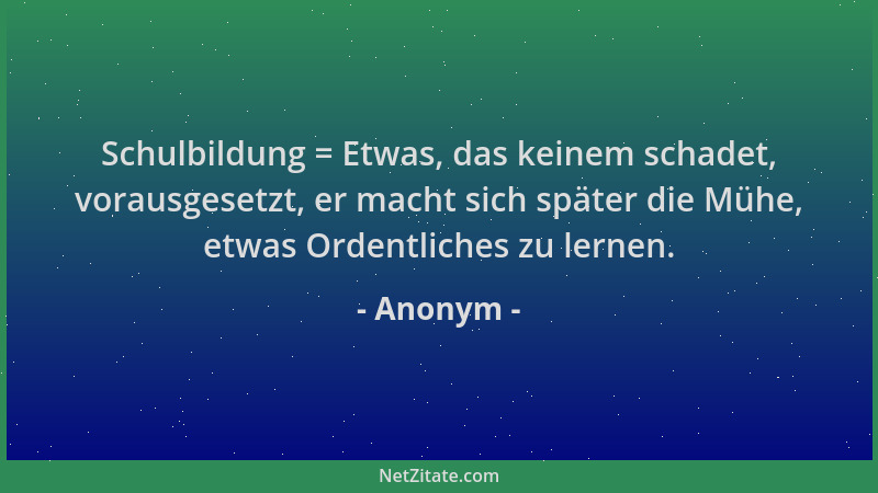 Anonym - Schulbildung = Etwas, das keinem schadet, vorausgesetzt, er macht sich später die Mühe, etwas Ordentliches zu lern...