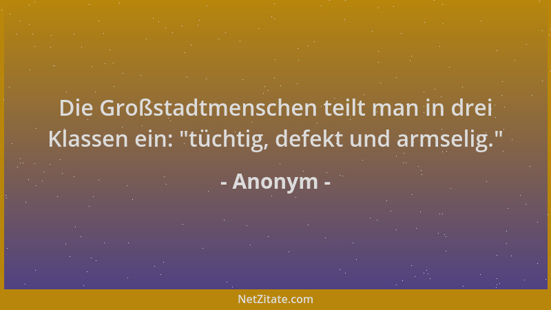 Anonym - Die Großstadtmenschen teilt man in drei Klassen ein:  "tüchtig, defekt und armselig. "...