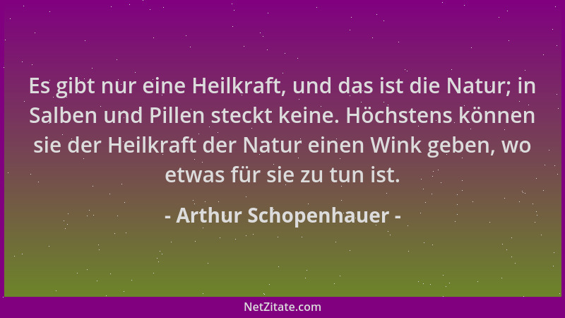Arthur Schopenhauer - Es gibt nur eine Heilkraft, und das ist die Natur; in Salben und Pillen steckt keine. Höchstens könne...