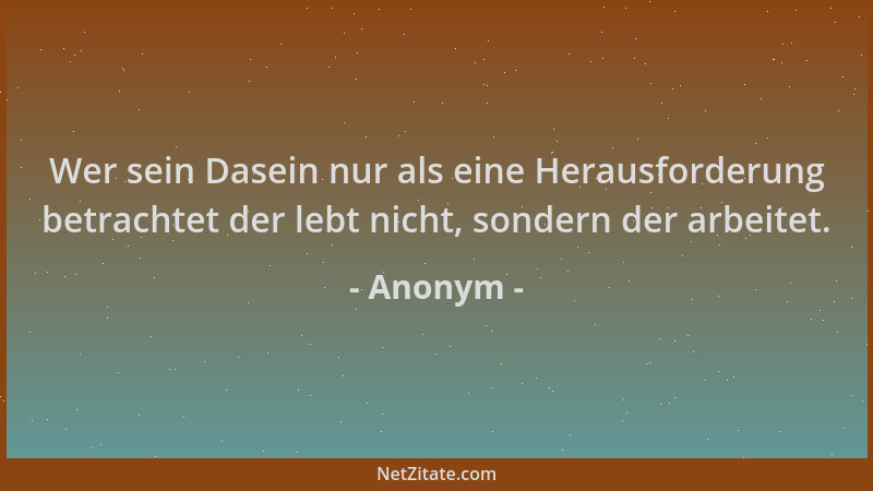 Anonym - Wer sein Dasein nur als eine Herausforderung betrachtet der lebt nicht, sondern der arbeitet....