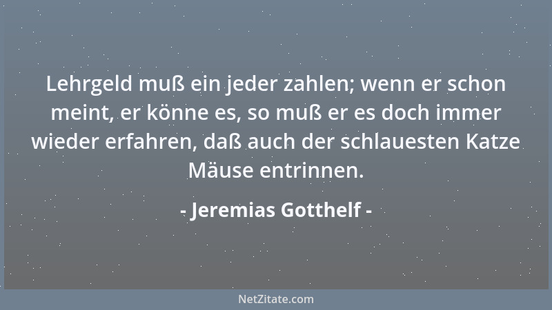 Jeremias Gotthelf - Lehrgeld muß ein jeder zahlen; wenn er schon meint, er könne es, so muß er es doch immer wieder erfahre...