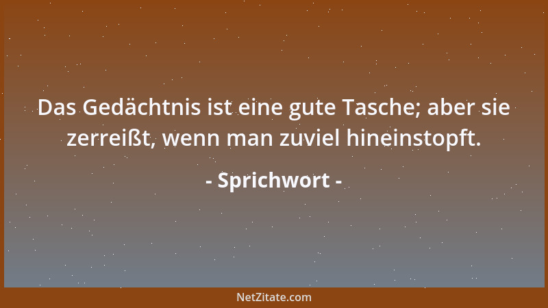 Sprichwort - Das Gedächtnis ist eine gute Tasche; aber sie zerreißt, wenn man zuviel hineinstopft....