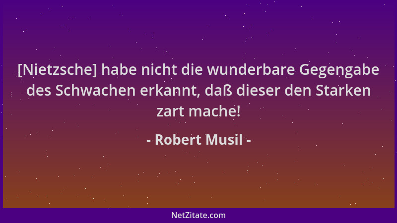 Robert Musil - [Nietzsche] habe nicht die wunderbare Gegengabe des Schwachen erkannt, daß dieser den Starken zart mache!...