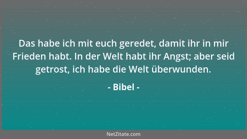 Bibel - Das habe ich mit euch geredet, damit ihr in mir Frieden habt. In der Welt habt ihr Angst; aber seid getrost, ich ha...