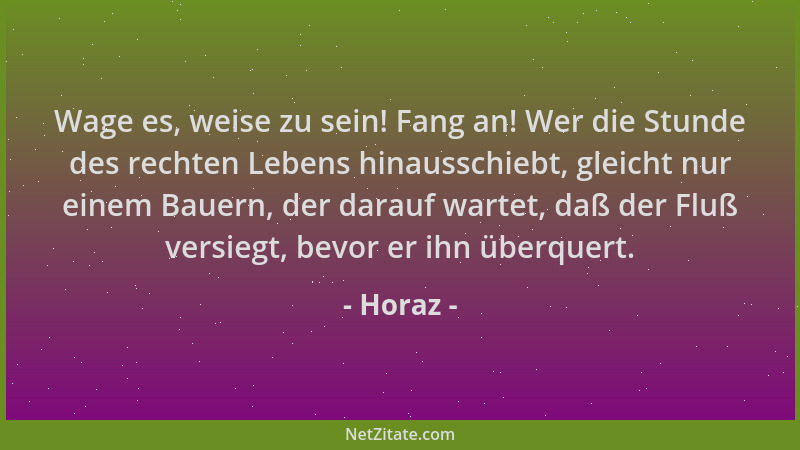 Horaz - Wage es, weise zu sein! Fang an! Wer die Stunde des rechten Lebens hinausschiebt, gleicht nur einem Bauern, der dar...