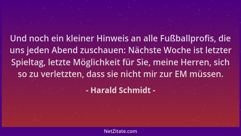 Harald Schmidt - Und noch ein kleiner Hinweis an alle Fußballprofis, die uns jeden Abend zuschauen: Nächste Woche ist letzt...