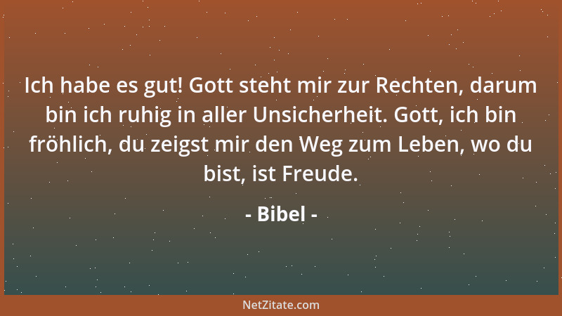 Bibel - Ich habe es gut! Gott steht mir zur Rechten, darum bin ich ruhig in aller Unsicherheit. Gott, ich bin fröhlich, du...