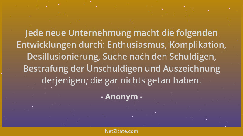 Anonym - Jede neue Unternehmung macht die folgenden Entwicklungen durch: Enthusiasmus, Komplikation, Desillusionierung, Suc...