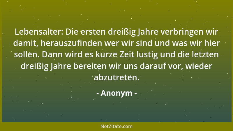 Anonym - Lebensalter: Die ersten dreißig Jahre verbringen wir damit, herauszufinden wer wir sind und was wir hier sollen. D...