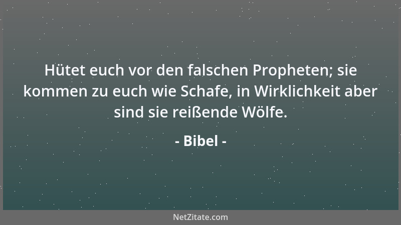 Bibel - Hütet euch vor den falschen Propheten; sie kommen zu euch wie Schafe, in Wirklichkeit aber sind sie reißende Wölfe....