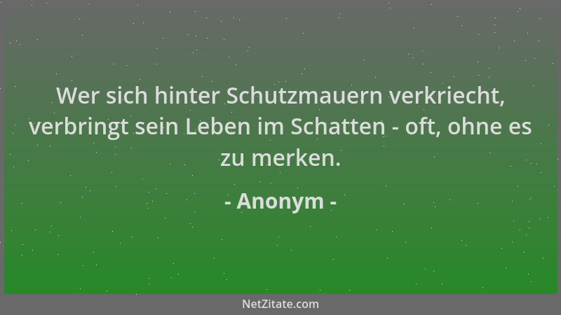 Anonym - Wer sich hinter Schutzmauern verkriecht, verbringt sein Leben im Schatten - oft, ohne es zu merken....