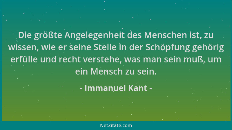 Immanuel Kant - Die größte Angelegenheit des Menschen ist, zu wissen, wie er seine Stelle in der Schöpfung gehörig erfülle...