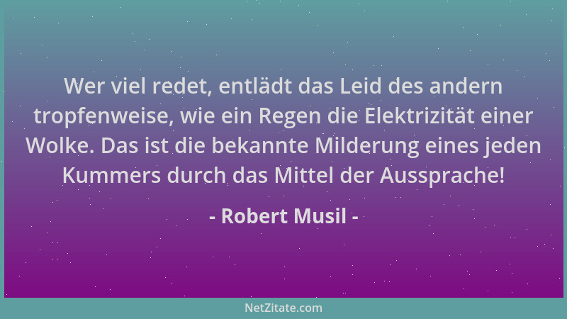 Robert Musil - Wer viel redet, entlädt das Leid des andern tropfenweise, wie ein Regen die Elektrizität einer Wolke. Das is...