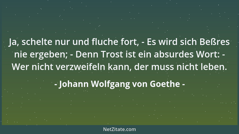 Johann Wolfgang von Goethe - Ja, schelte nur und fluche fort, - Es wird sich Beßres nie ergeben; - Denn Trost ist ein absur...