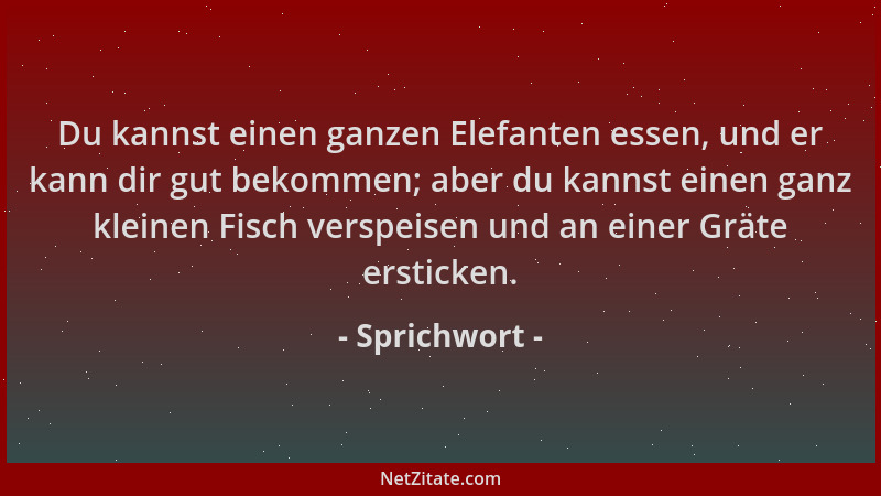 Sprichwort - Du kannst einen ganzen Elefanten essen, und er kann dir gut bekommen; aber du kannst einen ganz kleinen Fisch...