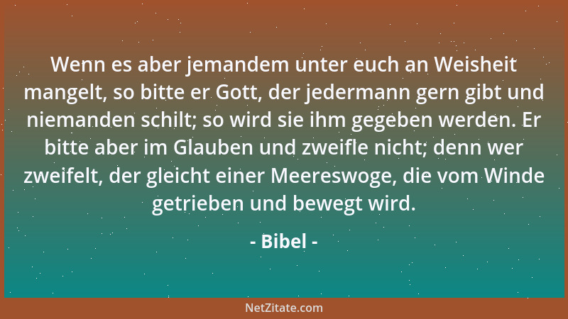 Bibel - Wenn es aber jemandem unter euch an Weisheit mangelt, so bitte er Gott, der jedermann gern gibt und niemanden schil...