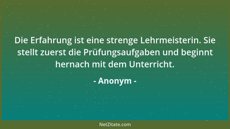 Anonym - Die Erfahrung ist eine strenge Lehrmeisterin. Sie stellt zuerst die Prüfungsaufgaben und beginnt hernach mit dem U...