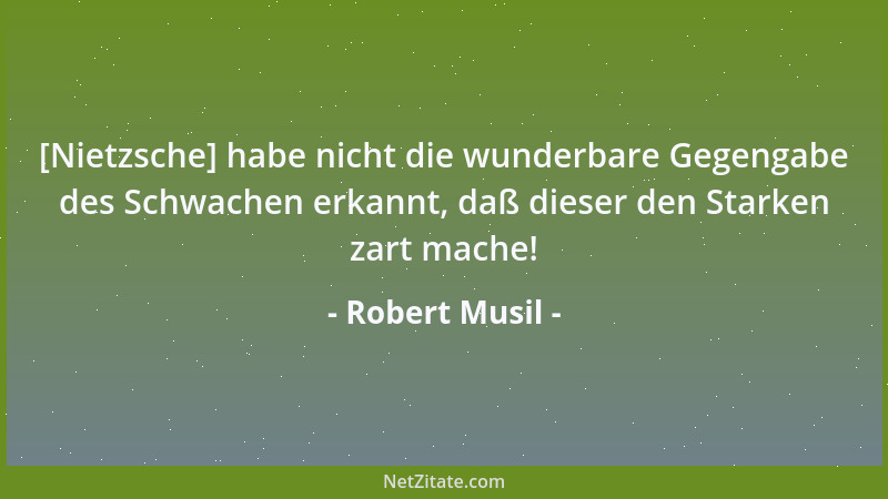 Robert Musil - [Nietzsche] habe nicht die wunderbare Gegengabe des Schwachen erkannt, daß dieser den Starken zart mache!...