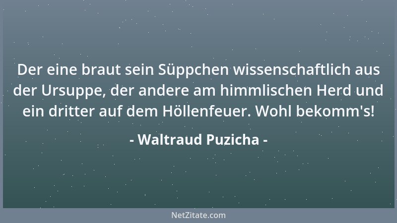 Waltraud Puzicha - Der eine braut sein Süppchen wissenschaftlich aus der Ursuppe, der andere am himmlischen Herd und ein dr...