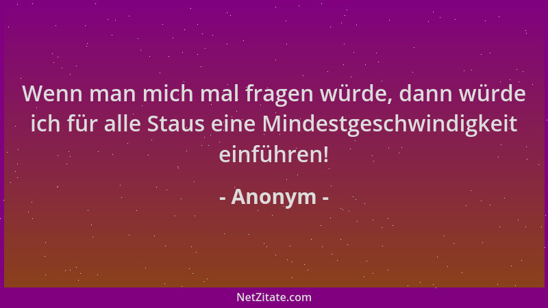 Anonym - Wenn man mich mal fragen würde, dann würde ich für alle Staus eine Mindestgeschwindigkeit einführen!...