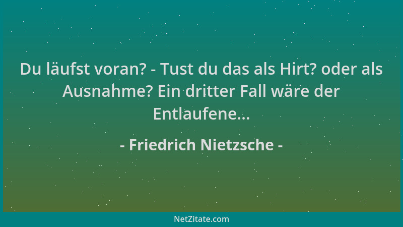 Friedrich Nietzsche - Du läufst voran? - Tust du das als Hirt? oder als Ausnahme? Ein dritter Fall wäre der Entlaufene......