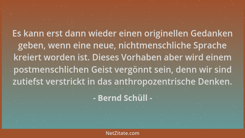 Bernd Schüll - Es kann erst dann wieder einen originellen Gedanken geben, wenn eine neue, nichtmenschliche Sprache kreiert...