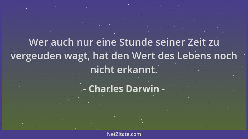 Charles Darwin - Wer auch nur eine Stunde seiner Zeit zu vergeuden wagt, hat den Wert des Lebens noch nicht erkannt....