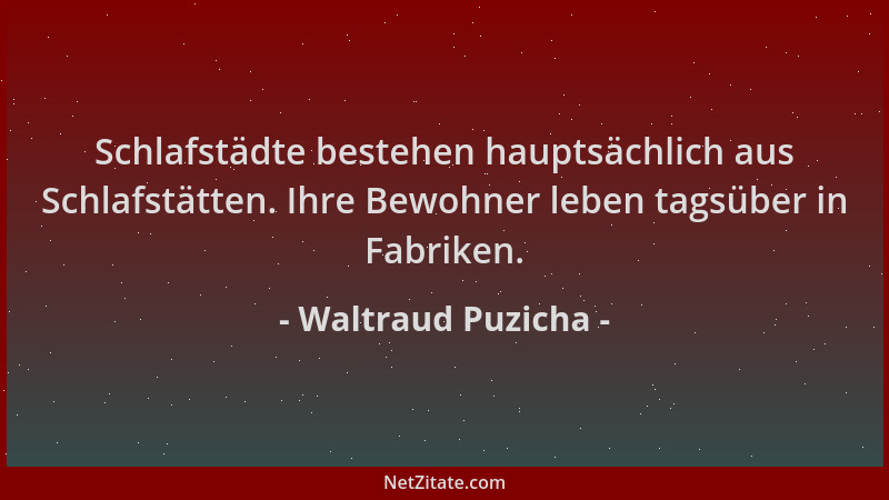 Waltraud Puzicha - Schlafstädte bestehen hauptsächlich aus Schlafstätten. Ihre Bewohner leben tagsüber in Fabriken....