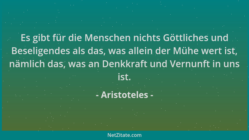 Aristoteles - Es gibt für die Menschen nichts Göttliches und Beseligendes als das, was allein der Mühe wert ist, nämlich da...