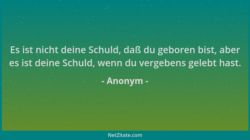Anonym - Es ist nicht deine Schuld, daß du geboren bist, aber es ist deine Schuld, wenn du vergebens gelebt hast....